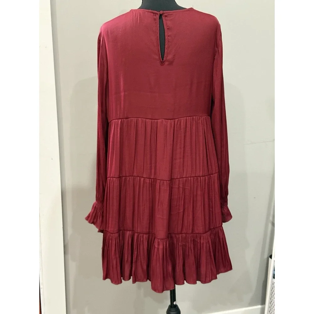 Maroon Tiered Mini Dress Boho‎ Chic Romantic Coquette L Flowy Dollette Feminine